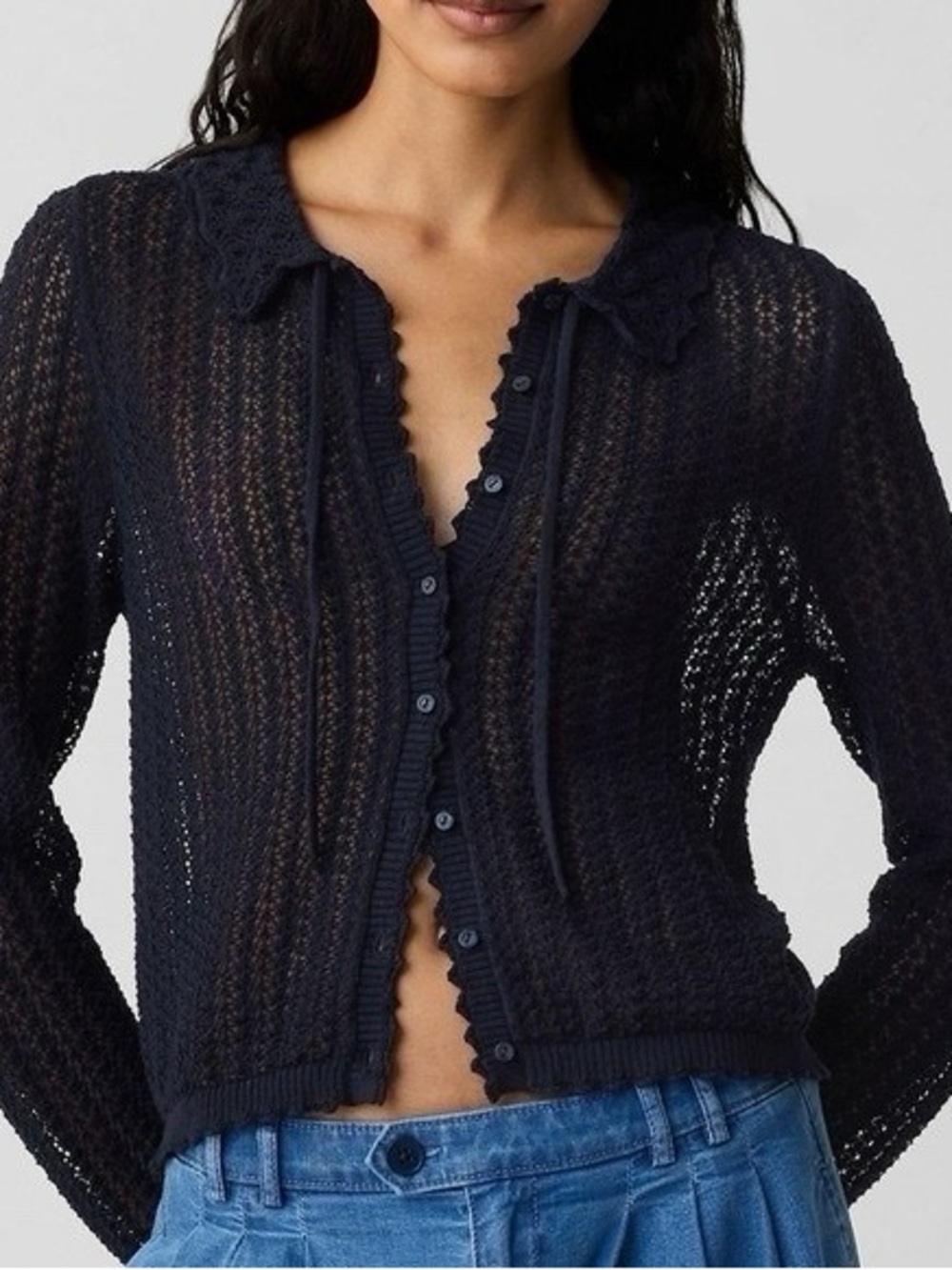 Doen x Gap Navy Linen Crochet Cardigan Collar Tie Front Long Sleeve XS